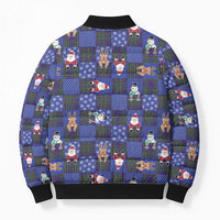 Christmas Patchwork Fake Tuxedo Bomber Puffer Jacket Santa and Reindeer Blue Plaid Style - Wonder Print Shop
