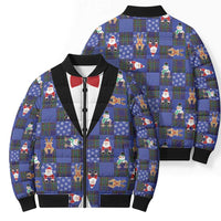 Christmas Patchwork Fake Tuxedo Bomber Puffer Jacket Santa and Reindeer Blue Plaid Style - Wonder Print Shop