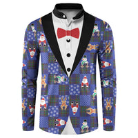 Christmas Patchwork Fake Tuxedo Button Sweatshirt Santa and Reindeer Blue Plaid Style - Wonder Print Shop