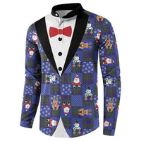 Christmas Patchwork Fake Tuxedo Button Sweatshirt Santa and Reindeer Blue Plaid Style - Wonder Print Shop