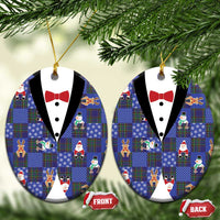 Christmas Patchwork Fake Tuxedo Ceramic Ornament Santa and Reindeer Blue Plaid Style - Wonder Print Shop