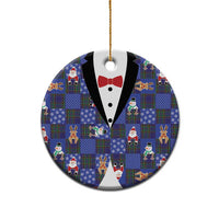 Christmas Patchwork Fake Tuxedo Ceramic Ornament Santa and Reindeer Blue Plaid Style - Wonder Print Shop