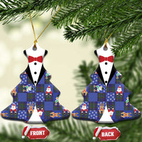 Christmas Patchwork Fake Tuxedo Ceramic Ornament Santa and Reindeer Blue Plaid Style - Wonder Print Shop