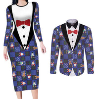 Christmas Patchwork Fake Tuxedo Couples Matching Long Sleeve Bodycon Dress and Long Sleeve Button Shirt Santa and Reindeer Blue Plaid Style - Wonder Print Shop