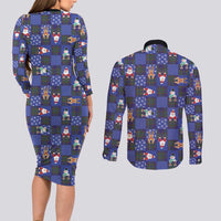 Christmas Patchwork Fake Tuxedo Couples Matching Long Sleeve Bodycon Dress and Long Sleeve Button Shirt Santa and Reindeer Blue Plaid Style - Wonder Print Shop