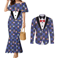 Christmas Patchwork Fake Tuxedo Couples Matching Mermaid Dress and Long Sleeve Button Shirt Santa and Reindeer Blue Plaid Style - Wonder Print Shop