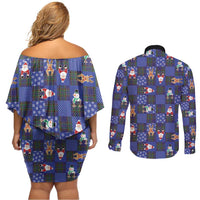 Christmas Patchwork Fake Tuxedo Couples Matching Off Shoulder Short Dress and Long Sleeve Button Shirt Santa and Reindeer Blue Plaid Style - Wonder Print Shop