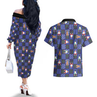 Christmas Patchwork Fake Tuxedo Couples Matching Off The Shoulder Long Sleeve Dress and Hawaiian Shirt Santa and Reindeer Blue Plaid Style - Wonder Print Shop