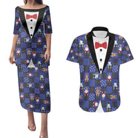 Christmas Patchwork Fake Tuxedo Couples Matching Puletasi and Hawaiian Shirt Santa and Reindeer Blue Plaid Style - Wonder Print Shop