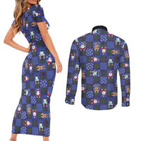 Christmas Patchwork Fake Tuxedo Couples Matching Short Sleeve Bodycon Dress and Long Sleeve Button Shirt Santa and Reindeer Blue Plaid Style - Wonder Print Shop