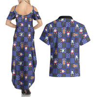 Christmas Patchwork Fake Tuxedo Couples Matching Summer Maxi Dress and Hawaiian Shirt Santa and Reindeer Blue Plaid Style - Wonder Print Shop