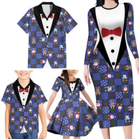 Christmas Patchwork Fake Tuxedo Family Matching Long Sleeve Bodycon Dress and Hawaiian Shirt Santa and Reindeer Blue Plaid Style - Wonder Print Shop