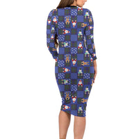 Christmas Patchwork Fake Tuxedo Family Matching Long Sleeve Bodycon Dress and Hawaiian Shirt Santa and Reindeer Blue Plaid Style - Wonder Print Shop