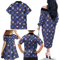 Christmas Patchwork Fake Tuxedo Family Matching Off The Shoulder Long Sleeve Dress and Hawaiian Shirt Santa and Reindeer Blue Plaid Style - Wonder Print Shop