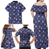 Christmas Patchwork Fake Tuxedo Family Matching Off Shoulder Maxi Dress and Hawaiian Shirt Santa and Reindeer Blue Plaid Style - Wonder Print Shop