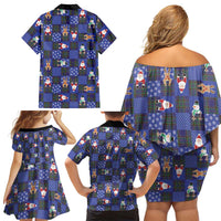 Christmas Patchwork Fake Tuxedo Family Matching Off Shoulder Short Dress and Hawaiian Shirt Santa and Reindeer Blue Plaid Style - Wonder Print Shop