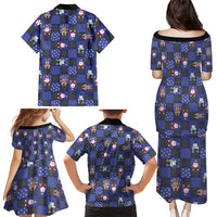 Christmas Patchwork Fake Tuxedo Family Matching Puletasi and Hawaiian Shirt Santa and Reindeer Blue Plaid Style - Wonder Print Shop