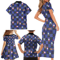 Christmas Patchwork Fake Tuxedo Family Matching Short Sleeve Bodycon Dress and Hawaiian Shirt Santa and Reindeer Blue Plaid Style - Wonder Print Shop