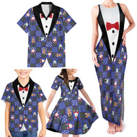 Christmas Patchwork Fake Tuxedo Family Matching Tank Maxi Dress and Hawaiian Shirt Santa and Reindeer Blue Plaid Style - Wonder Print Shop