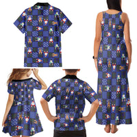 Christmas Patchwork Fake Tuxedo Family Matching Tank Maxi Dress and Hawaiian Shirt Santa and Reindeer Blue Plaid Style - Wonder Print Shop