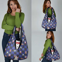 Christmas Patchwork Fake Tuxedo Grocery Bag Santa and Reindeer Blue Plaid Style - Wonder Print Shop