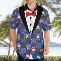Christmas Patchwork Fake Tuxedo Hawaiian Shirt Santa and Reindeer Blue Plaid Style - Wonder Print Shop