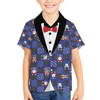 Christmas Patchwork Fake Tuxedo Hawaiian Shirt Santa and Reindeer Blue Plaid Style - Wonder Print Shop