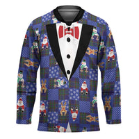Christmas Patchwork Fake Tuxedo Hockey Jersey Santa and Reindeer Blue Plaid Style - Wonder Print Shop