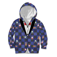Christmas Patchwork Fake Tuxedo Kid Hoodie Santa and Reindeer Blue Plaid Style - Wonder Print Shop