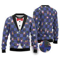 Christmas Patchwork Fake Tuxedo Ugly Christmas Sweater Santa and Reindeer Blue Plaid Style - Wonder Print Shop