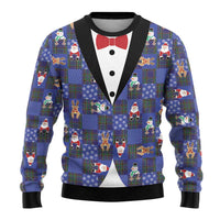 Christmas Patchwork Fake Tuxedo Ugly Christmas Sweater Santa and Reindeer Blue Plaid Style - Wonder Print Shop
