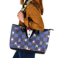 Christmas Patchwork Fake Tuxedo Leather Tote Bag Santa and Reindeer Blue Plaid Style - Wonder Print Shop