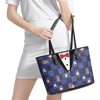 Christmas Patchwork Fake Tuxedo Leather Tote Bag Santa and Reindeer Blue Plaid Style - Wonder Print Shop