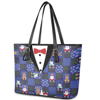 Christmas Patchwork Fake Tuxedo Leather Tote Bag Santa and Reindeer Blue Plaid Style - Wonder Print Shop