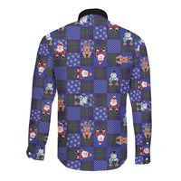 Christmas Patchwork Fake Tuxedo Long Sleeve Button Shirt Santa and Reindeer Blue Plaid Style - Wonder Print Shop