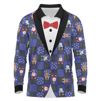 Christmas Patchwork Fake Tuxedo Long Sleeve Polo Shirt Santa and Reindeer Blue Plaid Style - Wonder Print Shop