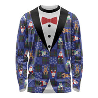 Christmas Patchwork Fake Tuxedo Long Sleeve Shirt Santa and Reindeer Blue Plaid Style - Wonder Print Shop