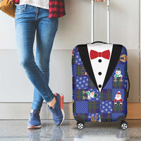 Christmas Patchwork Fake Tuxedo Luggage Cover Santa and Reindeer Blue Plaid Style - Wonder Print Shop