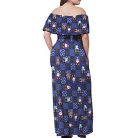 Christmas Patchwork Fake Tuxedo Off Shoulder Maxi Dress Santa and Reindeer Blue Plaid Style - Wonder Print Shop