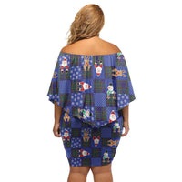 Christmas Patchwork Fake Tuxedo Off Shoulder Short Dress Santa and Reindeer Blue Plaid Style - Wonder Print Shop