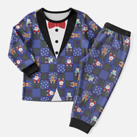 Christmas Patchwork Fake Tuxedo Christmas Pajama Set Santa and Reindeer Blue Plaid Style - Wonder Print Shop