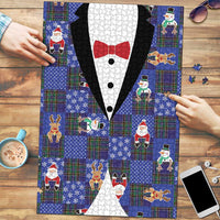 Christmas Patchwork Fake Tuxedo Puzzle Santa and Reindeer Blue Plaid Style - Wonder Print Shop
