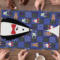 Christmas Patchwork Fake Tuxedo Puzzle Santa and Reindeer Blue Plaid Style - Wonder Print Shop