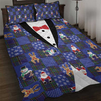 Christmas Patchwork Fake Tuxedo Quilt Bed Set Santa and Reindeer Blue Plaid Style - Wonder Print Shop