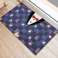 Christmas Patchwork Fake Tuxedo Rubber Doormat Santa and Reindeer Blue Plaid Style - Wonder Print Shop