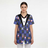 Christmas Patchwork Fake Tuxedo Scrub Top Santa and Reindeer Blue Plaid Style - Wonder Print Shop