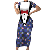 Christmas Patchwork Fake Tuxedo Short Sleeve Bodycon Dress Santa and Reindeer Blue Plaid Style - Wonder Print Shop