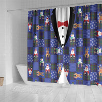 Christmas Patchwork Fake Tuxedo Shower Curtain Santa and Reindeer Blue Plaid Style - Wonder Print Shop