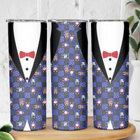 Christmas Patchwork Fake Tuxedo Skinny Tumbler Santa and Reindeer Blue Plaid Style - Wonder Print Shop