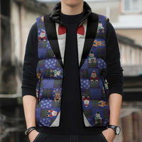 Christmas Patchwork Fake Tuxedo Sleeveless Puffer Jacket Santa and Reindeer Blue Plaid Style - Wonder Print Shop